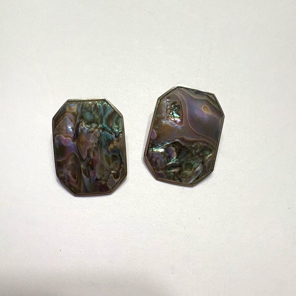 Vintage Alpaca Mexico Abalone Clip on Earrings Purple Green Blue Costume Jewelry